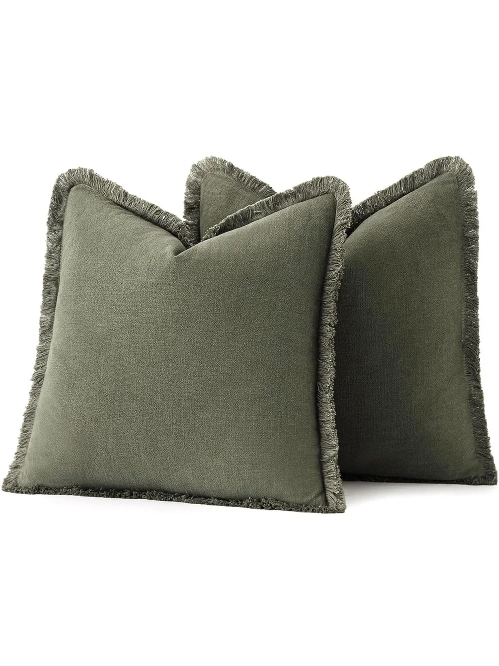 NEW MIULEE Linen Fringe Decorative Euro Throw Pillow Covers Olive Green 24”x24”